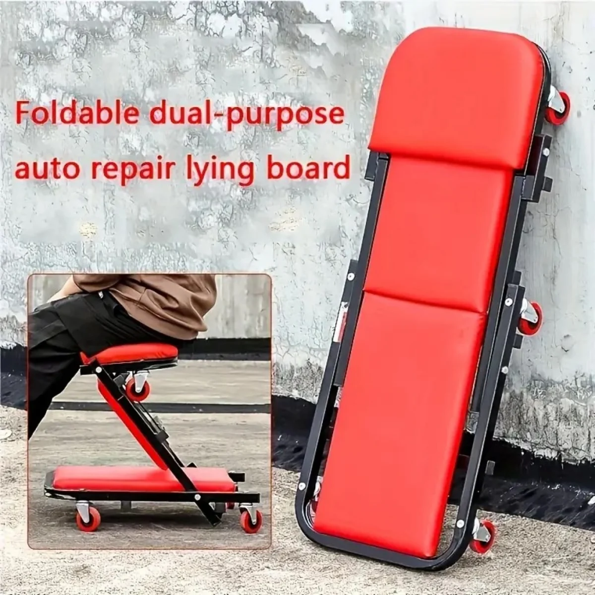 Τροχήλατο Αναδιπλούμενο Σκαμπό/Ξαπλώστρα Εργασίας 2 σε 1 Κόκκινο