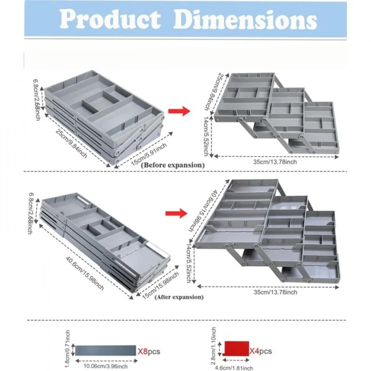 Επεκτεινόμενο Συρτάρι Οργάνωσης 3 Επιπέδων με Διαχωριστικά Smart Drawer Γκρι