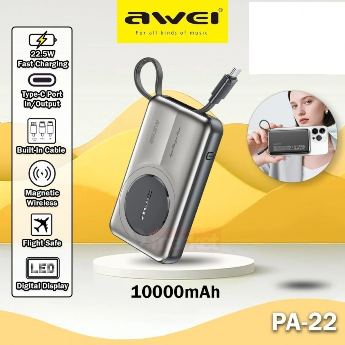 Power Bank Awei PA-22 10000mAh με Μαγνητική Ασύρματη Φόρτιση & LED Οθόνη