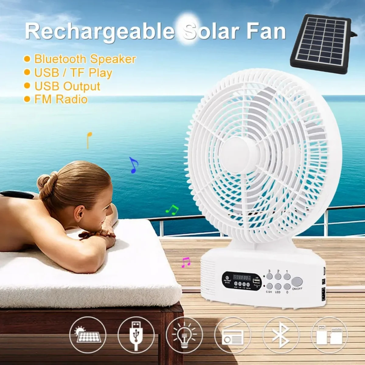 Ηλιακός Φορητός Επιδαπέδιος Ανεμιστήρας 36cm με Επαναφορτιζόμενη Μπαταρία 12000mAh 15W Τριών Ταχυτήτων & USB Powerbank Έξοδο Φόρτισης