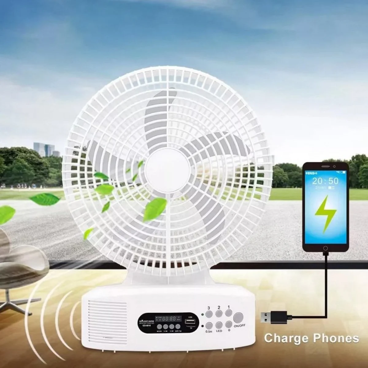 Ηλιακός Φορητός Επιδαπέδιος Ανεμιστήρας 36cm με Επαναφορτιζόμενη Μπαταρία 12000mAh 15W Τριών Ταχυτήτων & USB Powerbank Έξοδο Φόρτισης
