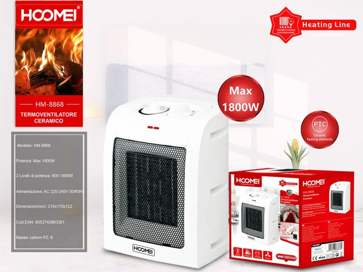 Hoomei Κεραμικό Αερόθερμο Δαπέδου 1800W με 2 Βαθμίδες Θέρμανσης - Πλέγμα Ασφαλείας & Διακόπτη Πτώσης