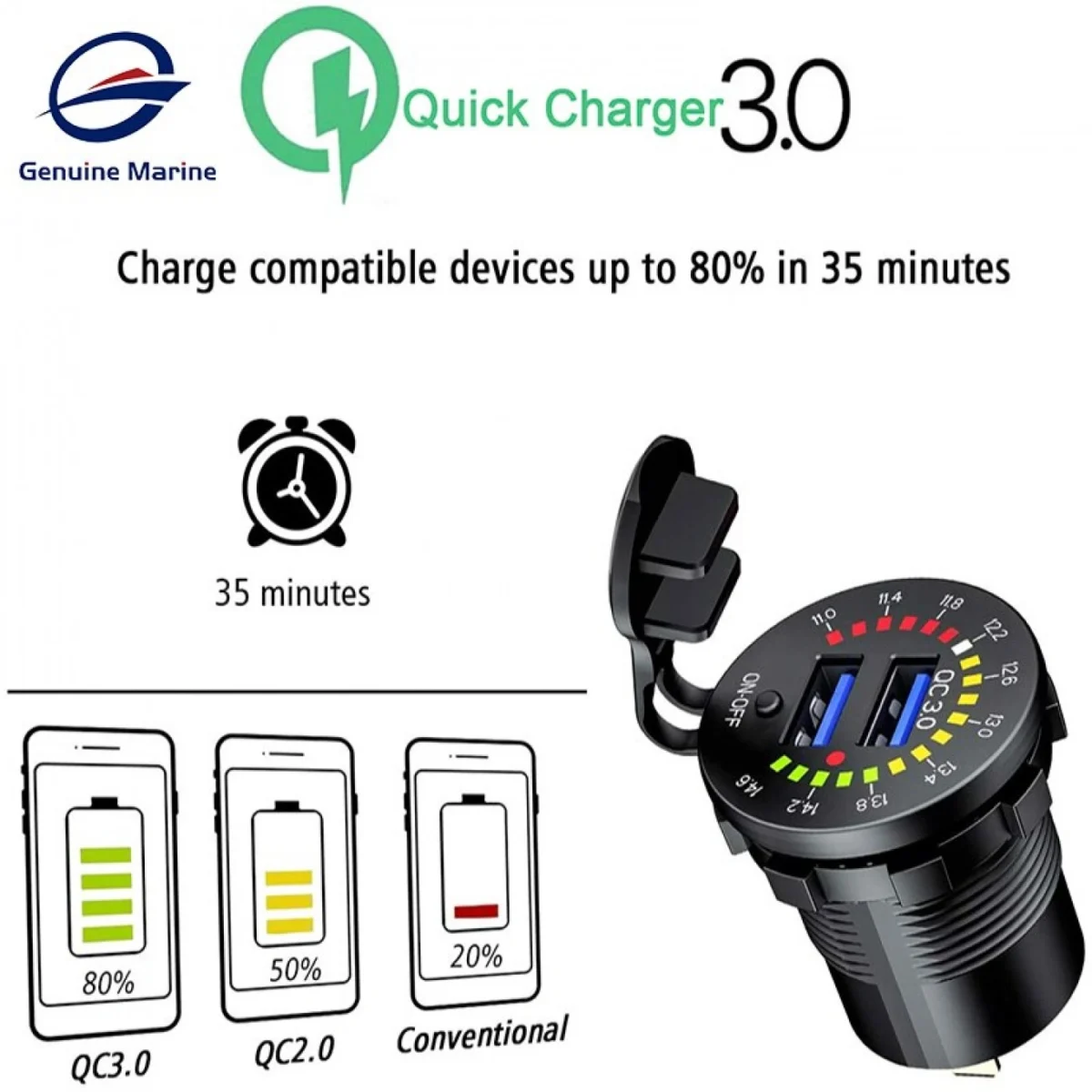 Αδιάβροχος 2x USB Ταχύ Φορτιστής QC3.0 12V Μηχανής / Μοτοσυκλέτας με Φωτεινό Βολτόμετρο - Μαύρο