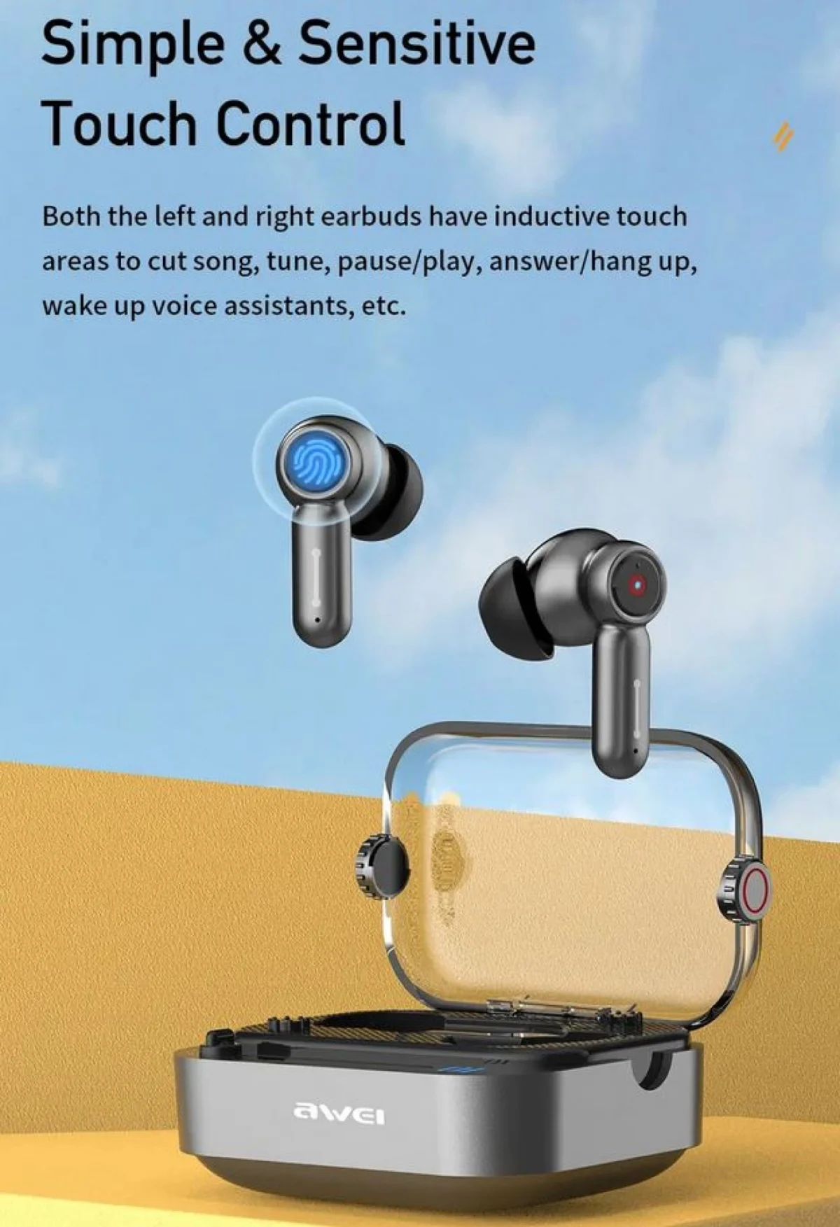 Ασύρματα Ακουστικά Αφής Awei Ψείρες In-ear Bluetooth V5.3 Handsfree με Θήκη Φόρτισης & Χωρίς καλώδια - Μαύρα