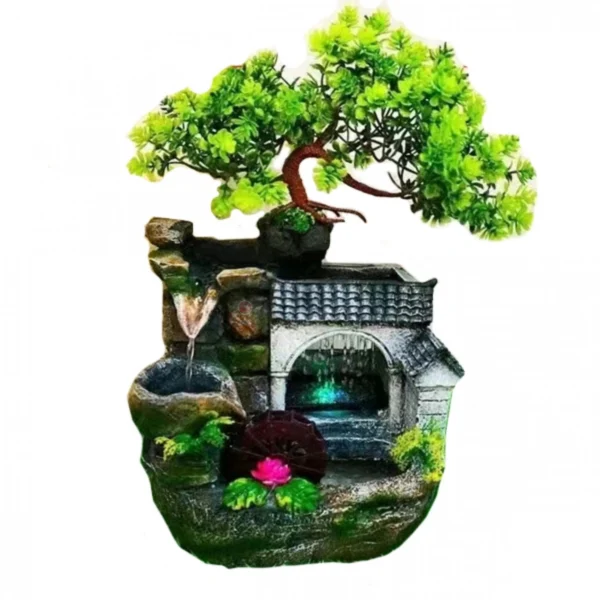 Διακοσμητικό Συντριβάνι Feng Shui με Σπιτάκι,Δέντρο,Kαταράκτη,Τρεχούμενο Νερό και Πολύχρωμο Φωτισμό LED 19x14x30 εκ