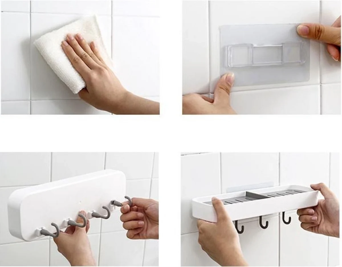 Επιτοίχιο Αυτοκόλλητο Ραφάκι για Σαπούνια Νιπτήρα Μπάνιου με 4 Γάντζους - Κρεμάστρες Πλαστικό