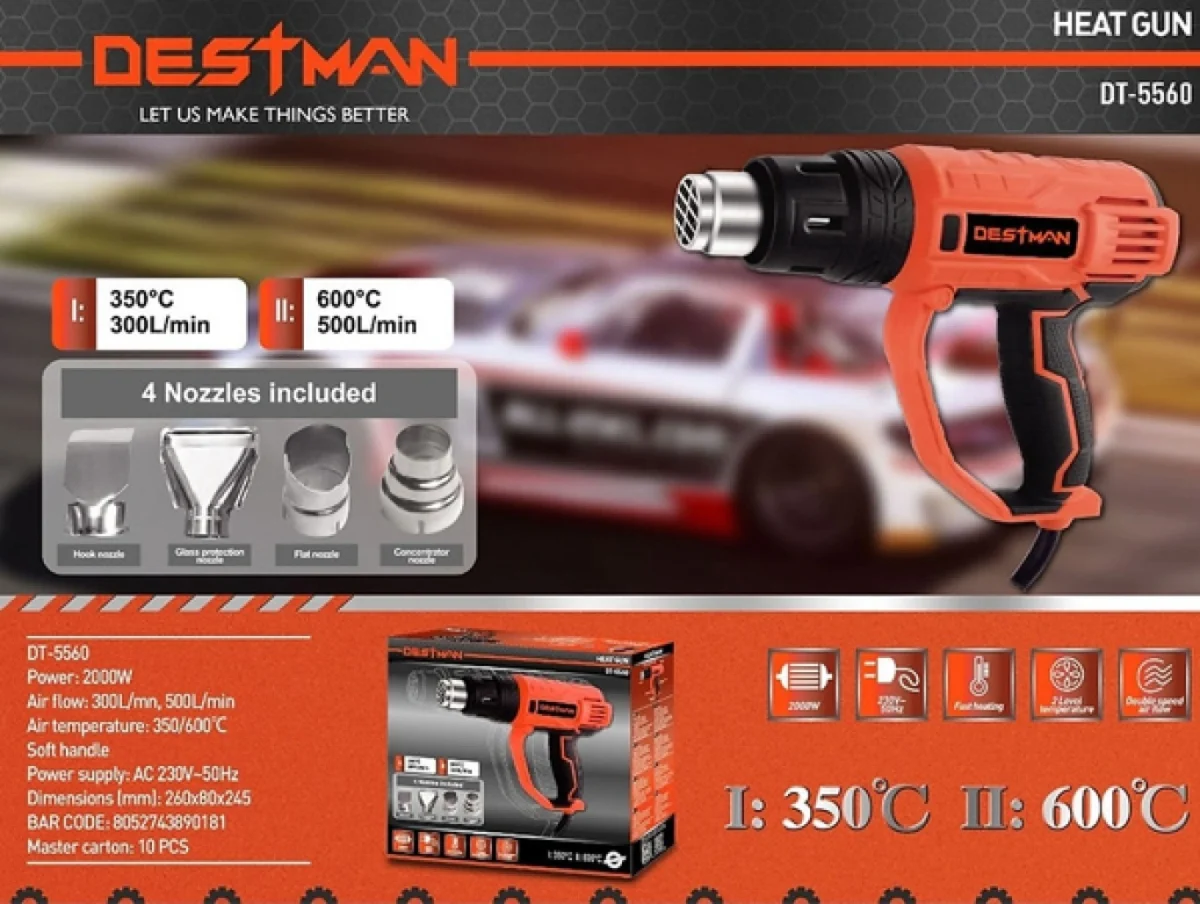 Πιστόλι Θερμού Αέρα 2000W με Ρύθμιση Θερμοκρασίας εως και 600°C Destman DT-5560