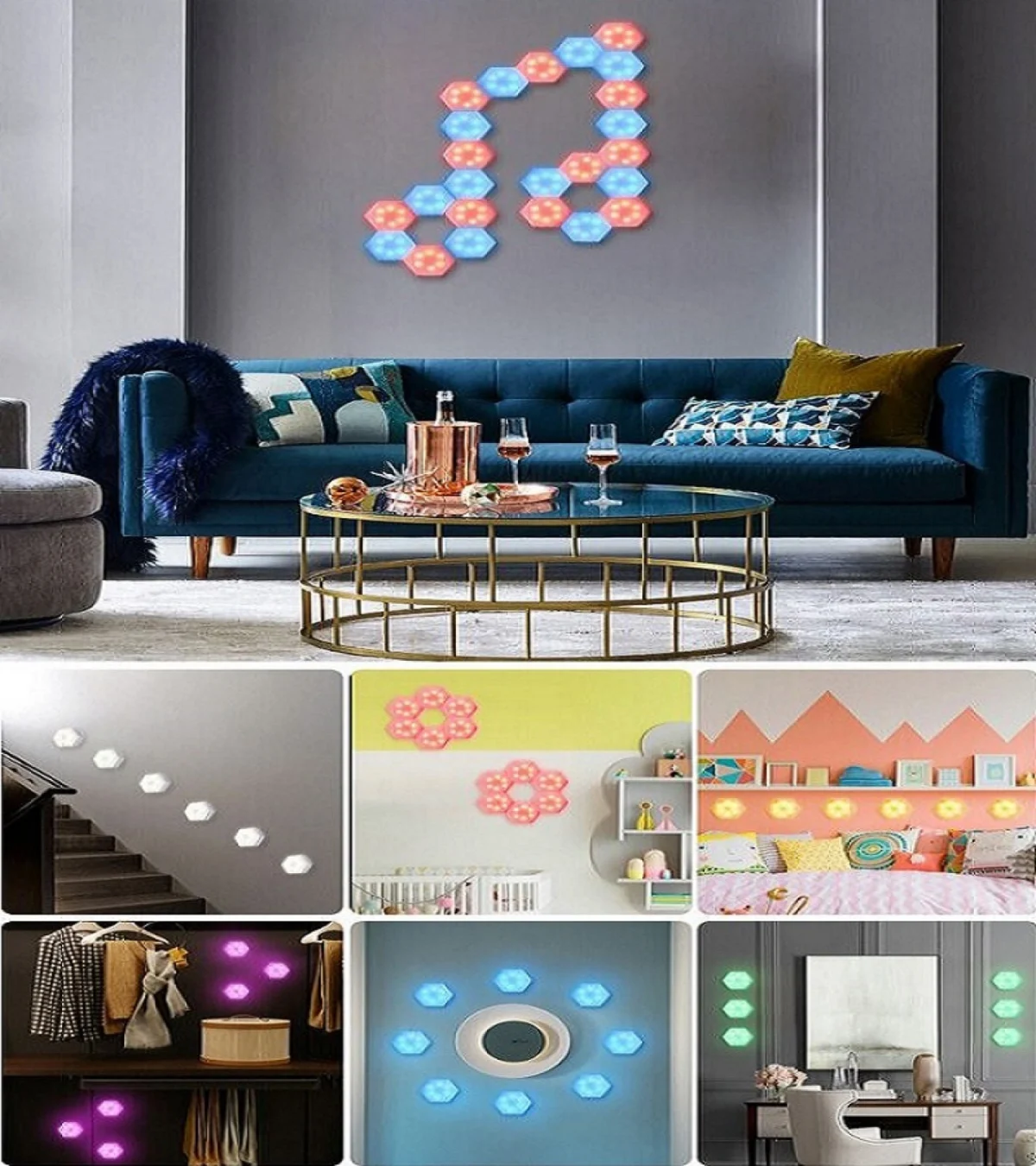 Hex On Εξαγωνικά Επιτοίχια Αυτοκόλλητα Φωτιστικά - Διακοσμητικά RGB LED Αφής με Τηλεχειριστήριο & Ρύθμιση Έντασης Φωτεινότητας 6τμχ.
