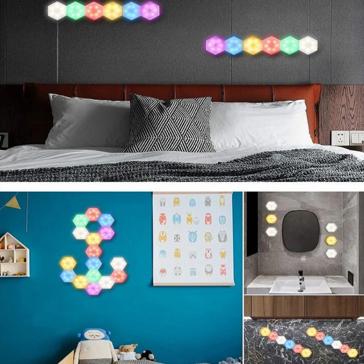 Hex On Εξαγωνικά Επιτοίχια Αυτοκόλλητα Φωτιστικά - Διακοσμητικά RGB LED Αφής με Τηλεχειριστήριο & Ρύθμιση Έντασης Φωτεινότητας 6τμχ.