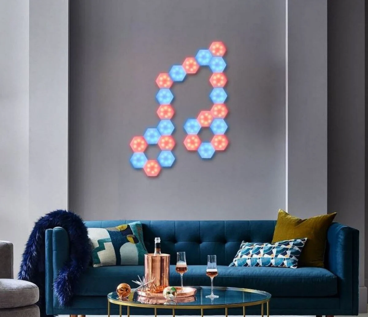 Hex On Εξαγωνικά Επιτοίχια Αυτοκόλλητα Φωτιστικά - Διακοσμητικά RGB LED Αφής με Τηλεχειριστήριο & Ρύθμιση Έντασης Φωτεινότητας 6τμχ.