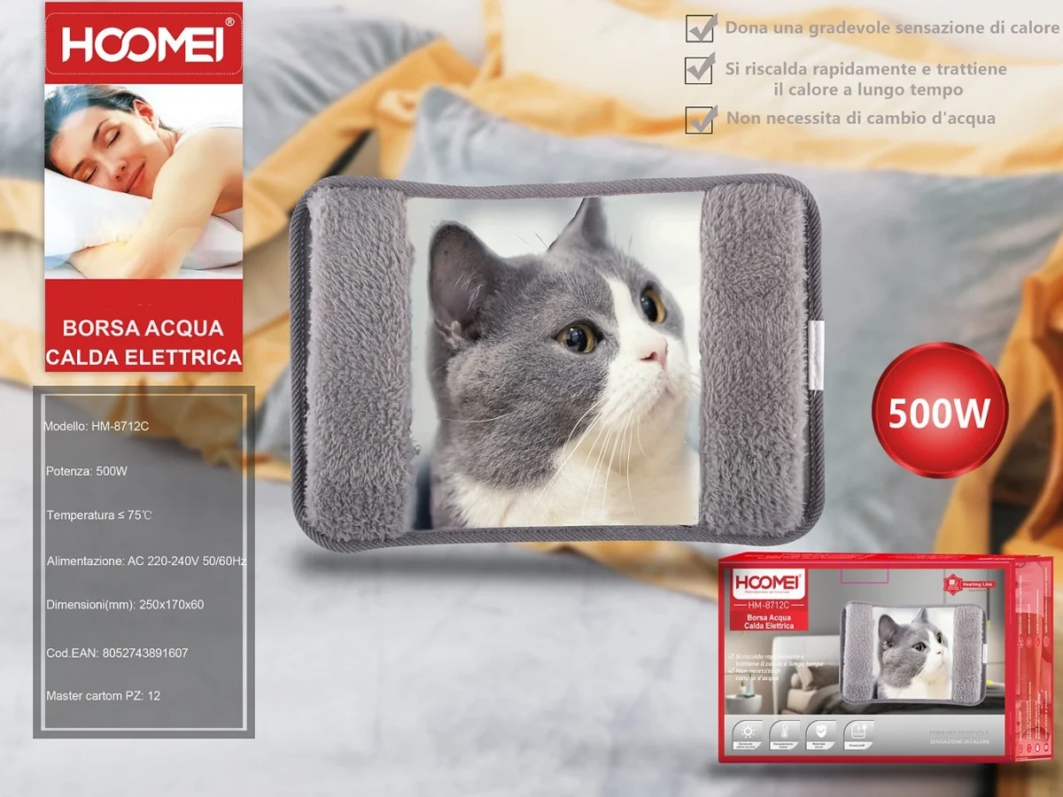 Hoomei Ηλεκτρική Θερμοφόρα - Μαξιλάρι 500W με Θήκη για τα Χέρια Γενικής Χρήσης 25x17x6cm - Γάτα γκρι