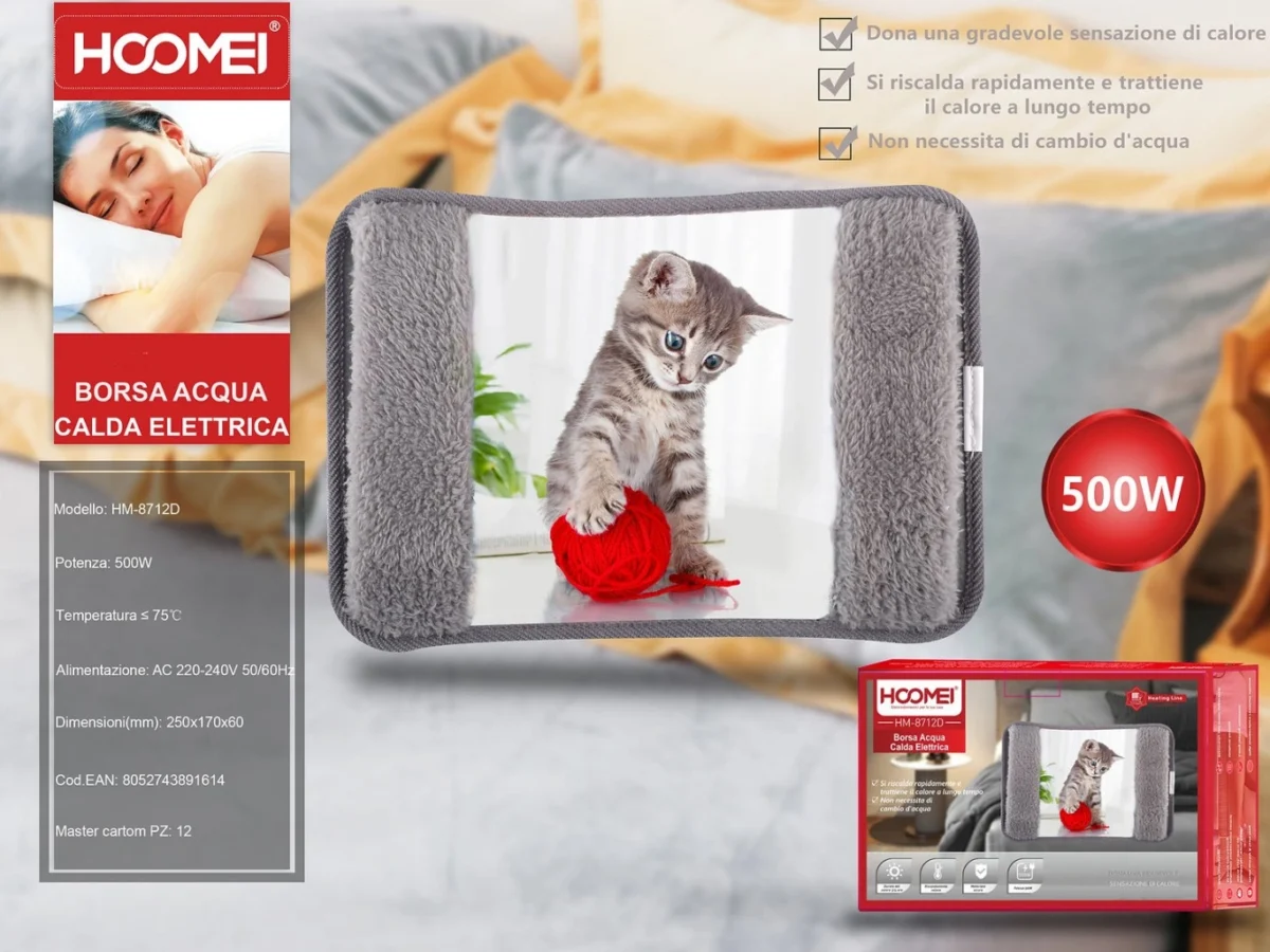 Hoomei Ηλεκτρική Θερμοφόρα - Μαξιλάρι 500W με Θήκη για τα Χέρια Γενικής Χρήσης 25x17x6cm - Γατάκι γκρι