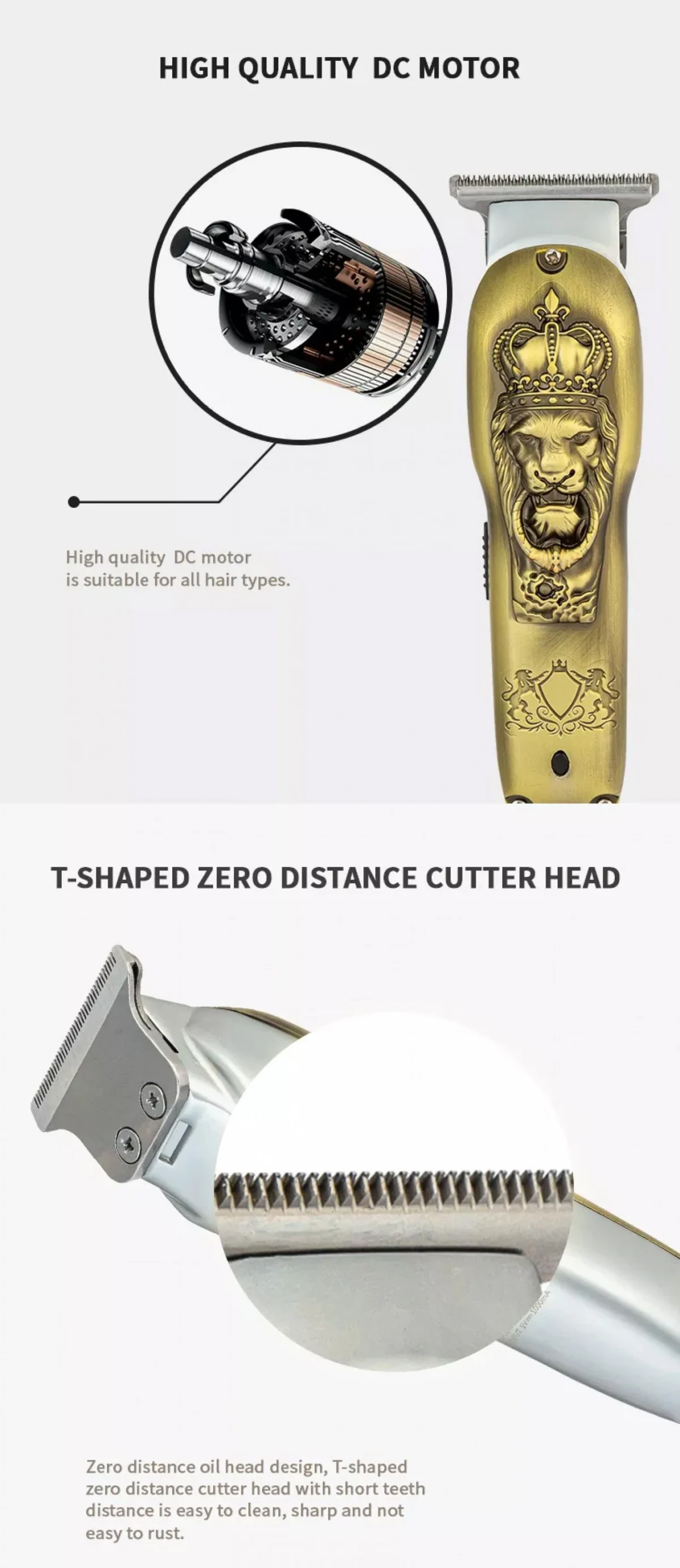 Επαγγελματική Κουρευτική Μηχανή 12W Επαναφορτιζόμενη Ρυθμιζόμενου Μήκους Κοπής με LCD Οθόνη - Χρυσή με Ανάγλυφο Λιοντάρι