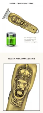 Επαγγελματική Κουρευτική Μηχανή 12W Επαναφορτιζόμενη Ρυθμιζόμενου Μήκους Κοπής με LCD Οθόνη - Χρυσή με Ανάγλυφο Λιοντάρι