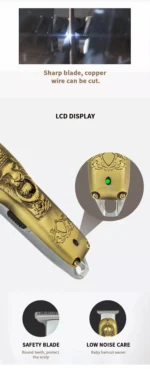 Επαγγελματική Κουρευτική Μηχανή 12W Επαναφορτιζόμενη Ρυθμιζόμενου Μήκους Κοπής με LCD Οθόνη - Χρυσή με Ανάγλυφο Λιοντάρι