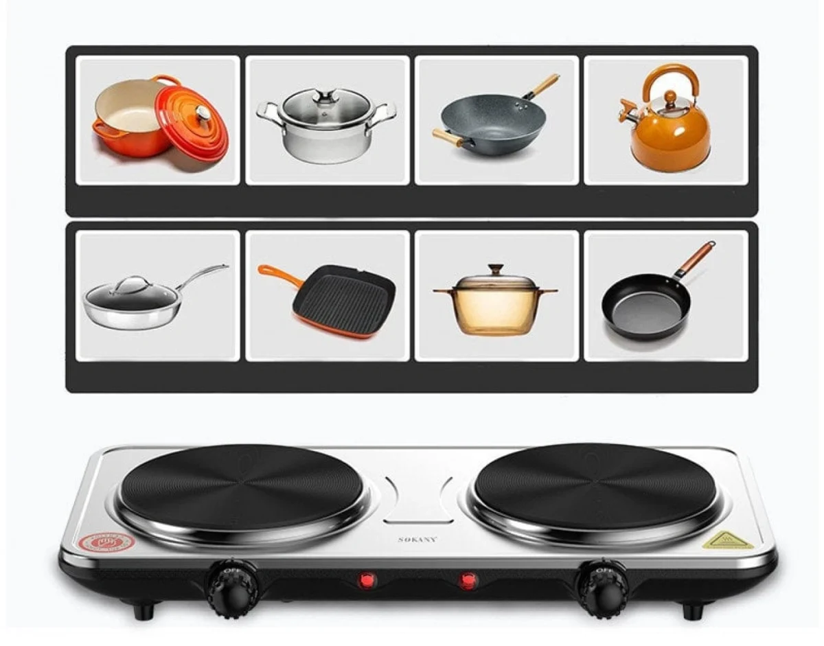 Επιτραπέζια Διπλή Εστία Εμαγιέ - Ηλεκτρικό Μάτι 2 Θέσεων Sokany Γκρι