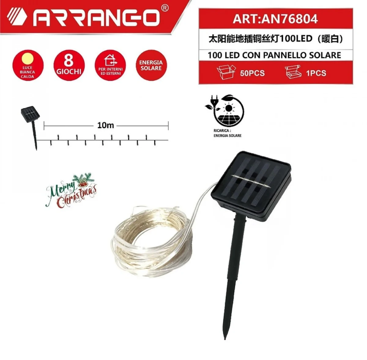 Ηλιακά Χριστουγεννιάτικα Λαμπάκια με 100LED Αδιάβροχο IP44, Θερμό Λευκό και 8 Προγράμματα Arrango AN76804