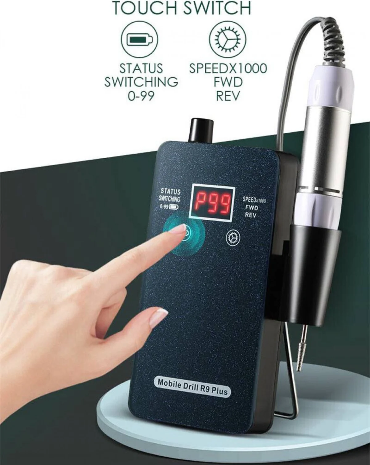 Φορητός Επαναφορτιζόμενος Τροχός Μανικιούρ Πεντικιούρ με Ψηφιακή Οθόνη και Πλήκτρα Αφής R9PLUS