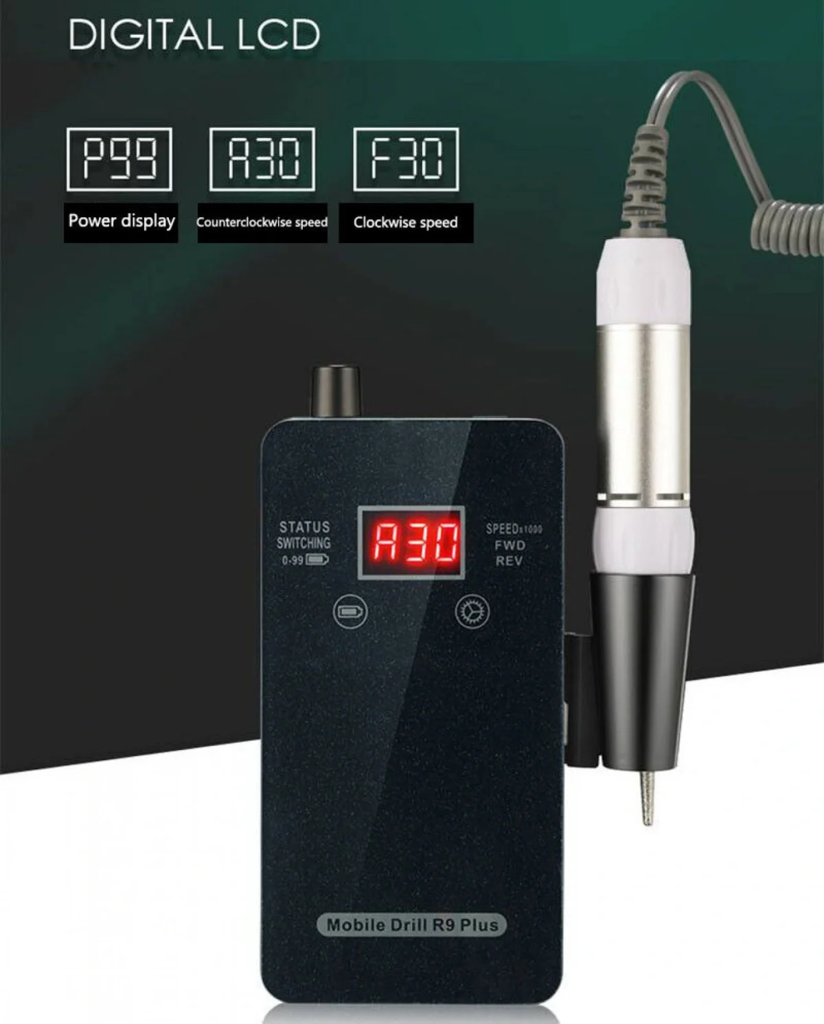 Φορητός Επαναφορτιζόμενος Τροχός Μανικιούρ Πεντικιούρ με Ψηφιακή Οθόνη και Πλήκτρα Αφής R9PLUS