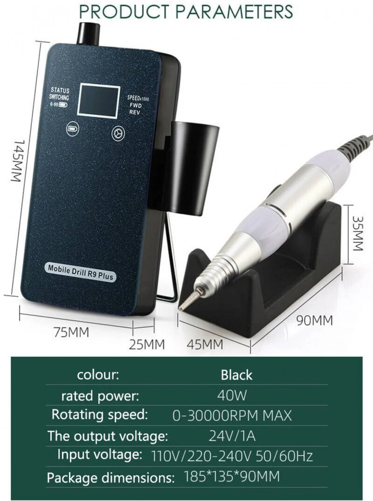 Φορητός Επαναφορτιζόμενος Τροχός Μανικιούρ Πεντικιούρ με Ψηφιακή Οθόνη και Πλήκτρα Αφής R9PLUS