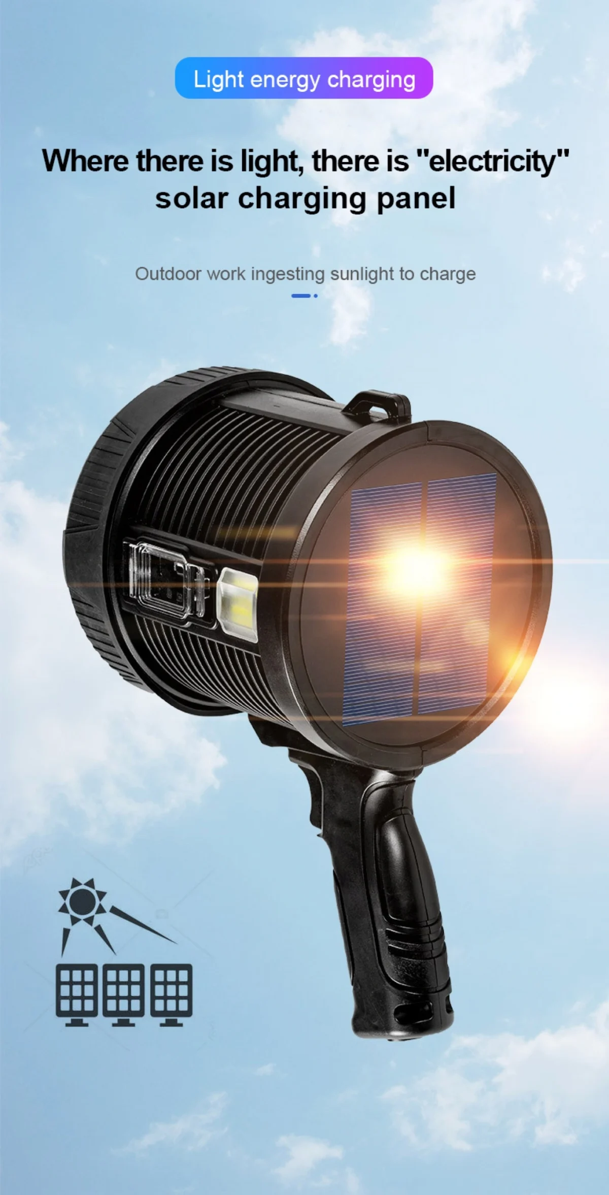 Αδιάβροχος Φορητός Ηλιακός Προβολέας LED Χειρός με 3 Χρώματα Έκτακτης Ανάγκης Υψηλής Απόδοσης Power Bank Επαναφορτιζόμενος USB