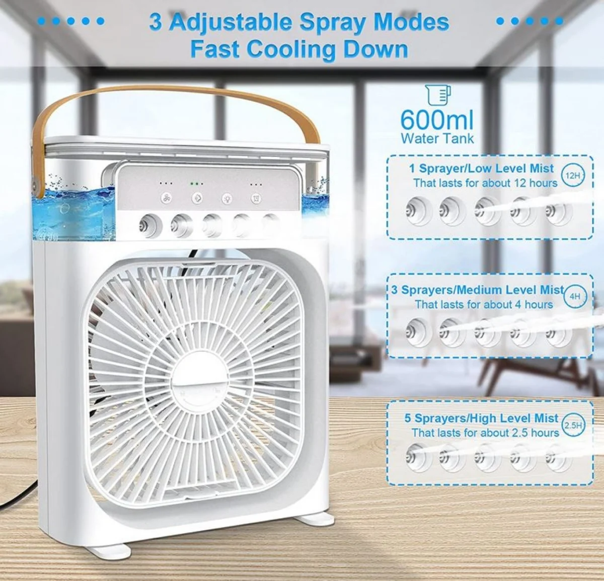 Φορητό Κλιματιστικό Usb - Ανεμιστήρας Ψύξης Αέρα με 3 ταχύτητες και 5 Οπές Ομίχλης Υγραντήρα και Φωτισμό 7 Χρωμάτων