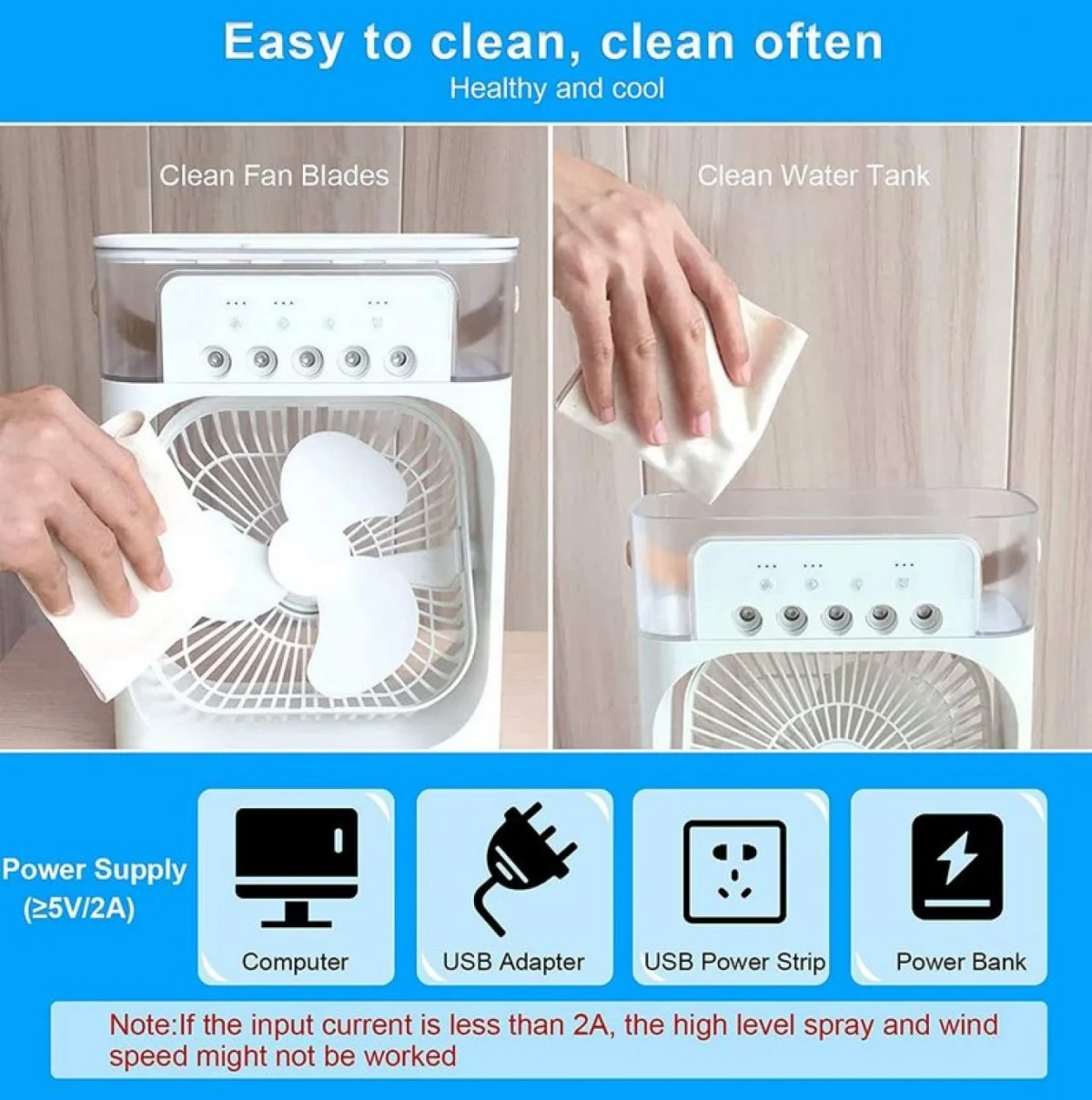 Φορητό Κλιματιστικό Usb - Ανεμιστήρας Ψύξης Αέρα με 3 ταχύτητες και 5 Οπές Ομίχλης Υγραντήρα και Φωτισμό 7 Χρωμάτων