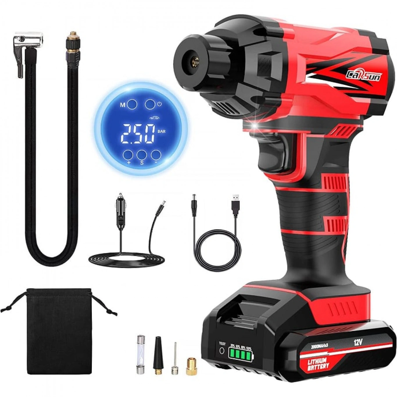 Φορητό Κομπρεσέρ - Τρόμπα Αέρος 12V Μπαταρίας 150psi Carsun με Ψηφιακή Οθόνη & Φακό LED Αυτοκίνητου - Μηχανής - Μπάλες Κόκκινη Φορητό Κομπρεσέρ - Τρόμπα Αέρος 12V Μπαταρίας 150psi Carsun με Ψηφιακή Οθόνη & Φακό LED Αυτοκίνητου - Μηχανής - Μπάλες Κόκκινη