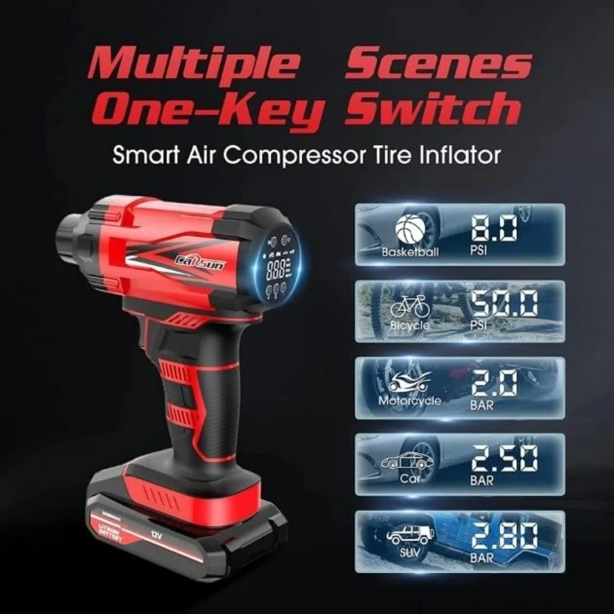 Φορητό Κομπρεσέρ - Τρόμπα Αέρος 12V Μπαταρίας 150psi Carsun με Ψηφιακή Οθόνη & Φακό LED Αυτοκίνητου - Μηχανής - Μπάλες Κόκκινη