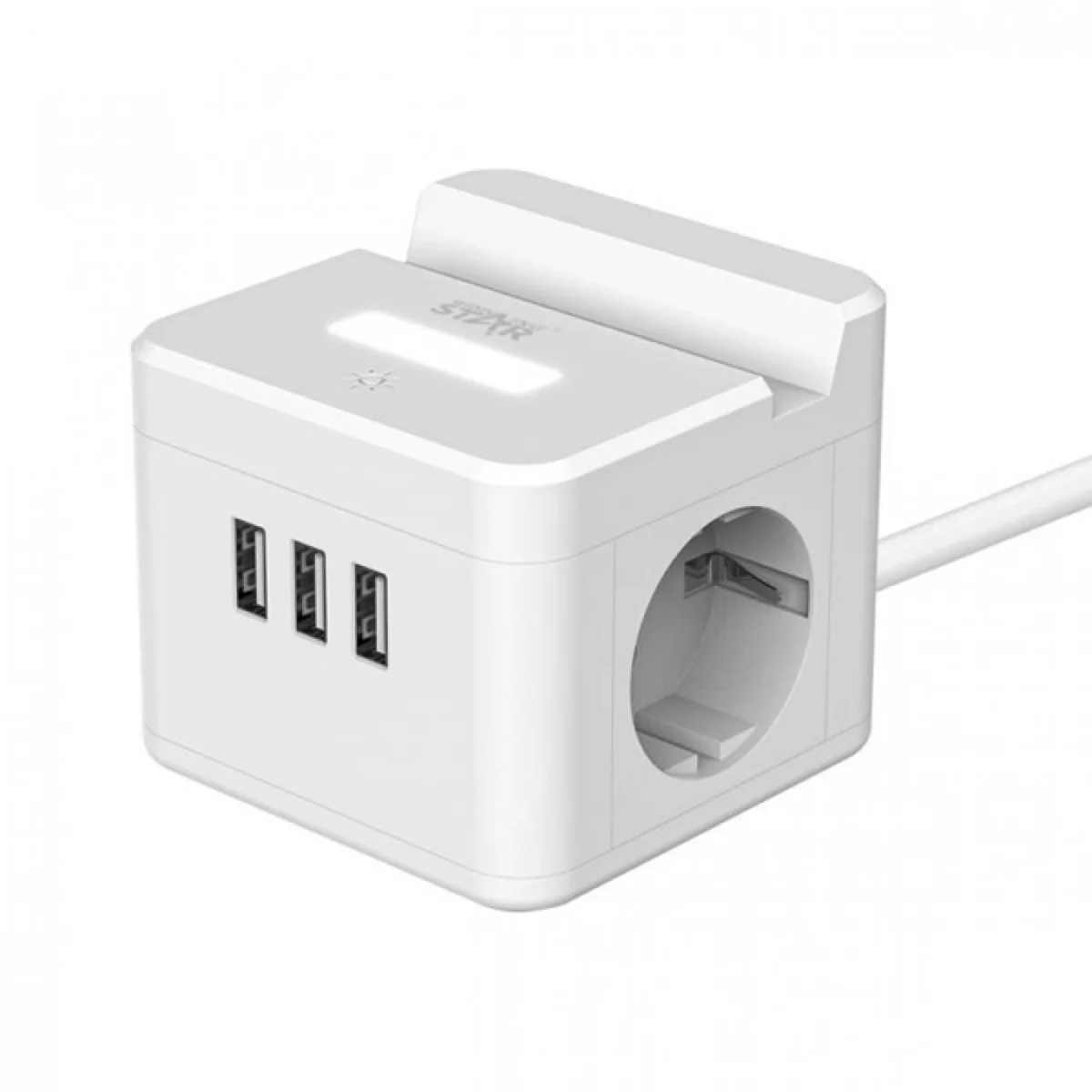 Πολύπριζο Ασφαλείας Κύβος 2 Θέσεων 2500W με 3 θύρες USB 10A, Βάση για Κινητό και Φωτάκι Αφής