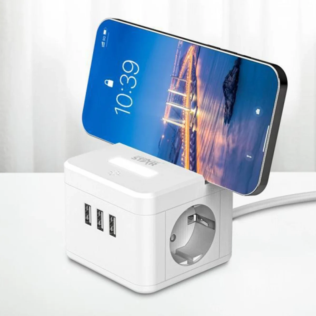 Πολύπριζο Ασφαλείας Κύβος 2 Θέσεων 2500W με 3 θύρες USB 10A, Βάση για Κινητό και Φωτάκι Αφής