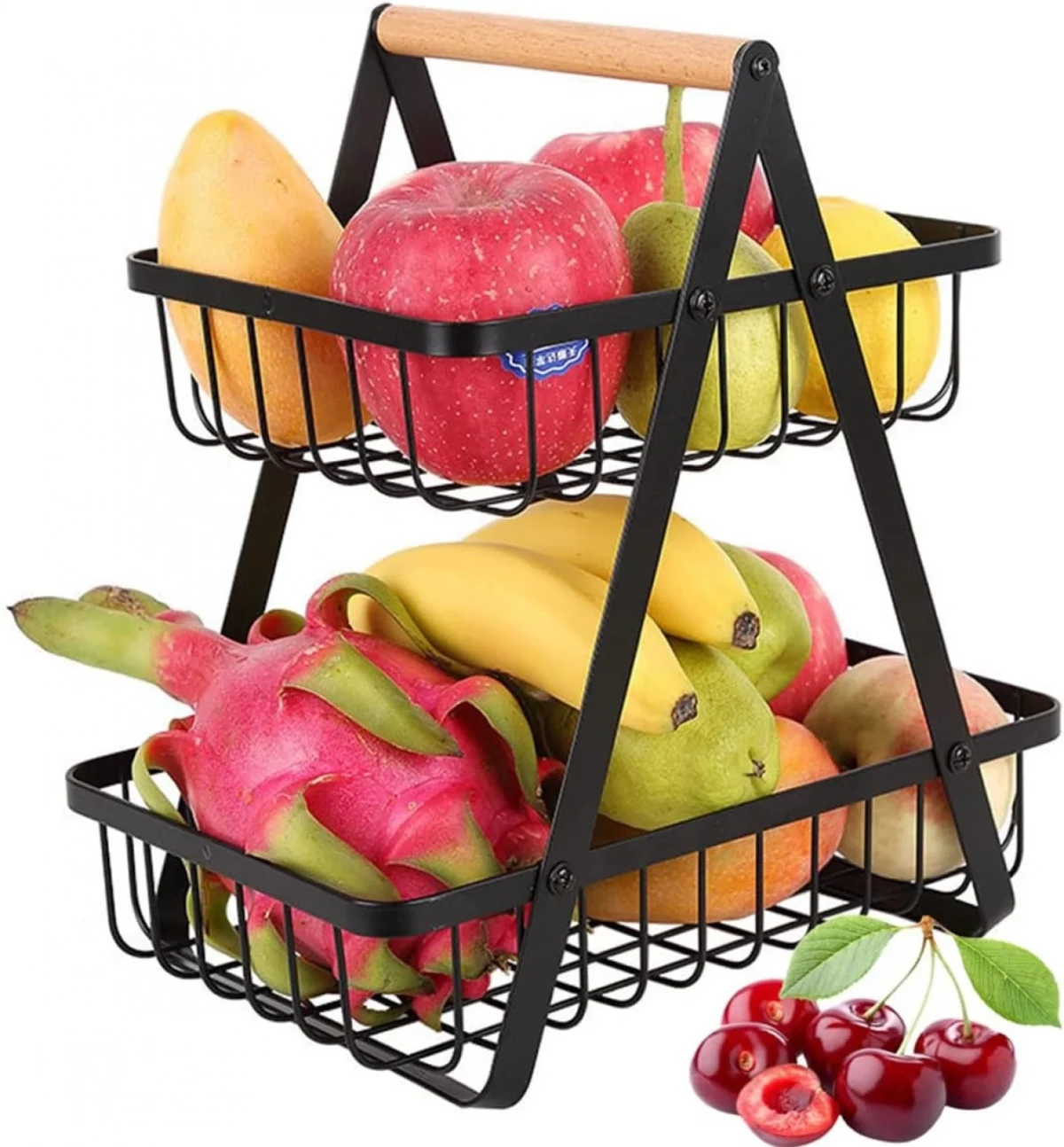 Τριγωνική Μεταλλική Ραφιέρα - Φρουτιέρα Κουζίνας-Πάγκου 31x30x18cm με Ξύλινη Λαβή