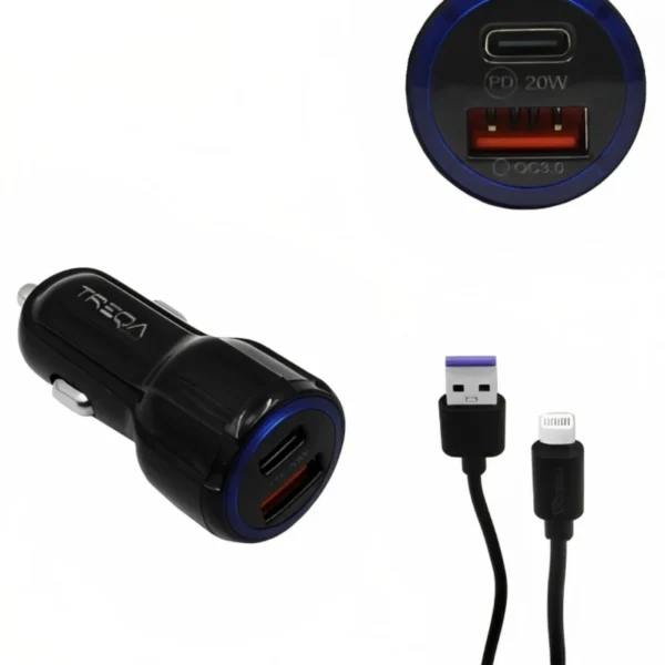 Φορτιστής Αυτοκινήτου Ταχείας Φόρτισης 12V – 24V με Θύρα USB-A 3.1Α και Θύρα USB-C PD 20W και Καλώδιο TypeC - TREQA