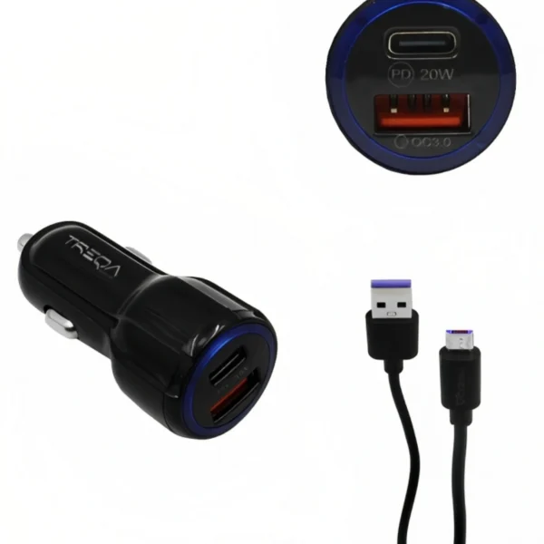 Φορτιστής Αυτοκινήτου Ταχείας Φόρτισης 12V – 24V με Θύρα USB-A 3.1Α και Θύρα USB-C PD 20W και Καλώδιο Lightning - TREQA
