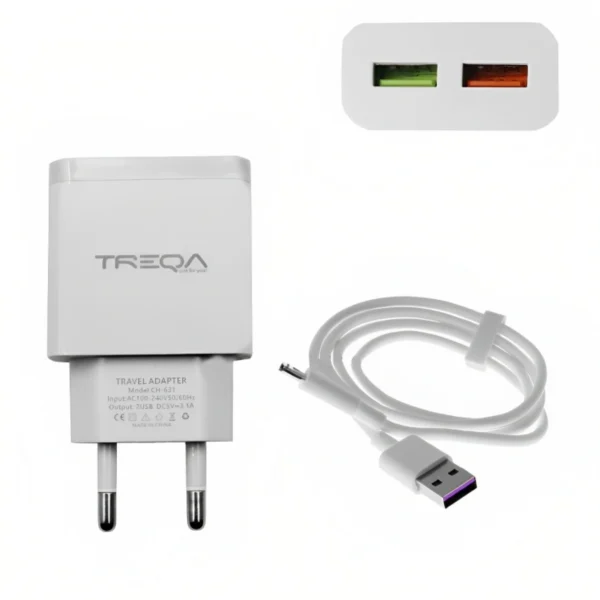 Φορτιστής Ταχείας Φόρτισης με 2 Θύρες USB 3.1A και Καλώδιο USB TypeC - TREQA