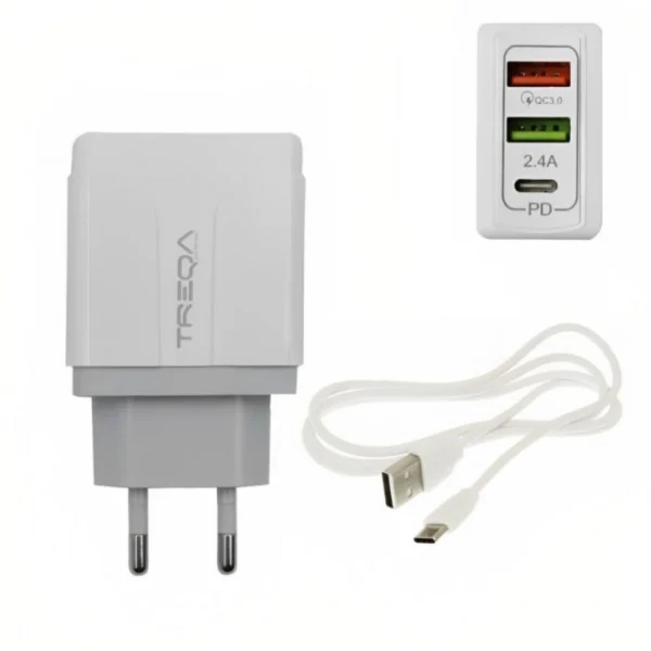 Φορτιστής Ταχείας Φόρτισης με 2 Θύρες USB 5.4A, 1 θύρα USB-C PD 38W και Καλώδιο USB TypeC - TREQA
