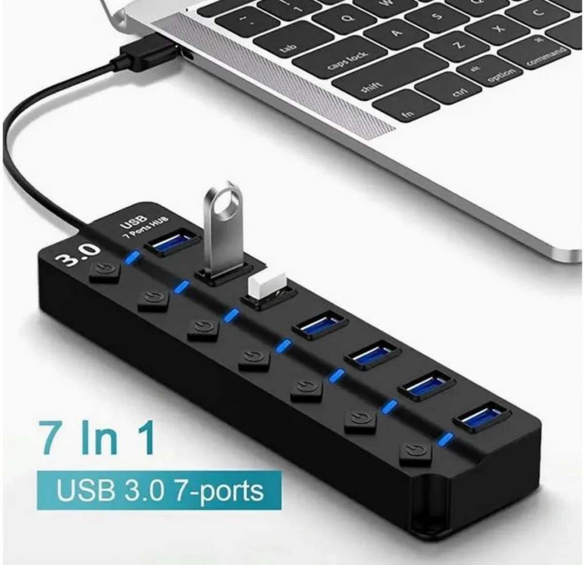 HQ-7-PORT Αντάπτορας-USB HUB Γρήγορης Φόρτισης & Μεταφοράς Δεδομένων έως 5Gbps με 7 Θύρες USB 3.0 LED Φωτισμό Λειτουργίας & Διακόπτες On/ Off