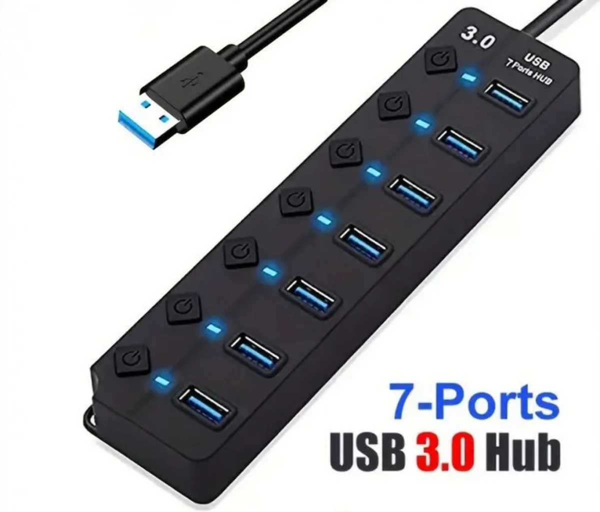 HQ-7-PORT Αντάπτορας-USB HUB Γρήγορης Φόρτισης & Μεταφοράς Δεδομένων έως 5Gbps με 7 Θύρες USB 3.0 LED Φωτισμό Λειτουργίας & Διακόπτες On/ Off