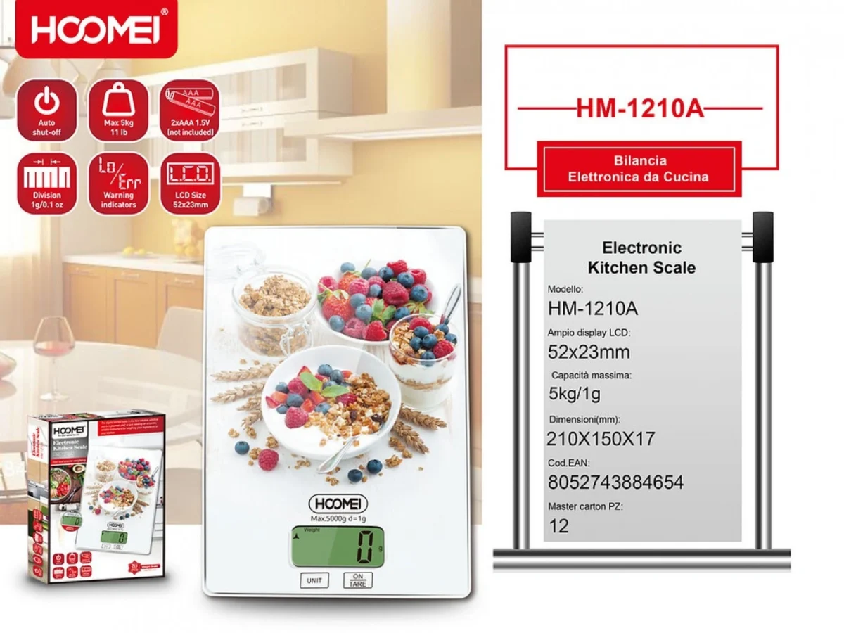 Ψηφιακή Γυάλινη Ζυγαριά Ακριβείας Κουζίνας 1gr-5kg ΗΟΟΜΕΙ HM-1210