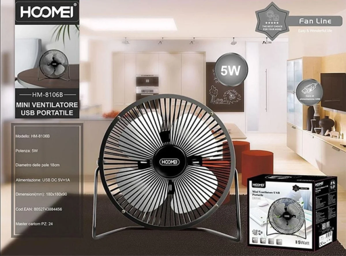 Επιτραπέζιο USB Ανεμιστηράκι Φορητό Με Μεταλλική Κατασκευή 18cm 5Watt HOOMEI HM-8106