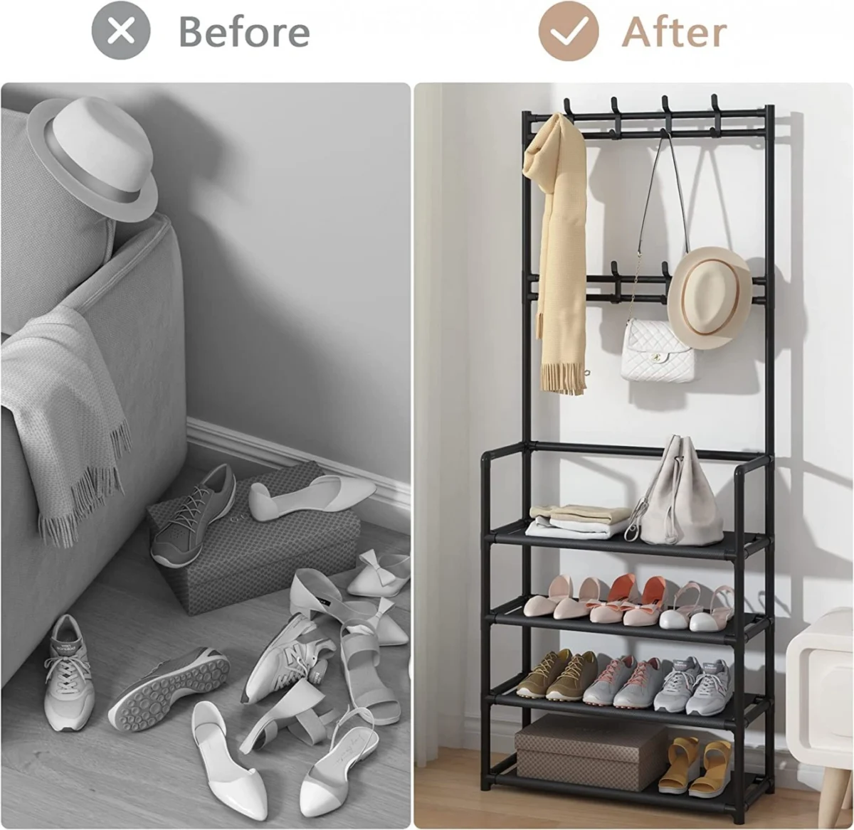 Μεταλλική Ραφιέρα Παπουτσοθήκη 154x29.5x60cm 4 Επιπέδων & Κρεμάστρα Εισόδου, Τουαλέτας Μπάνιου για Παλτά, Μπουφάν & Καπέλα Έπιπλο Εισόδου