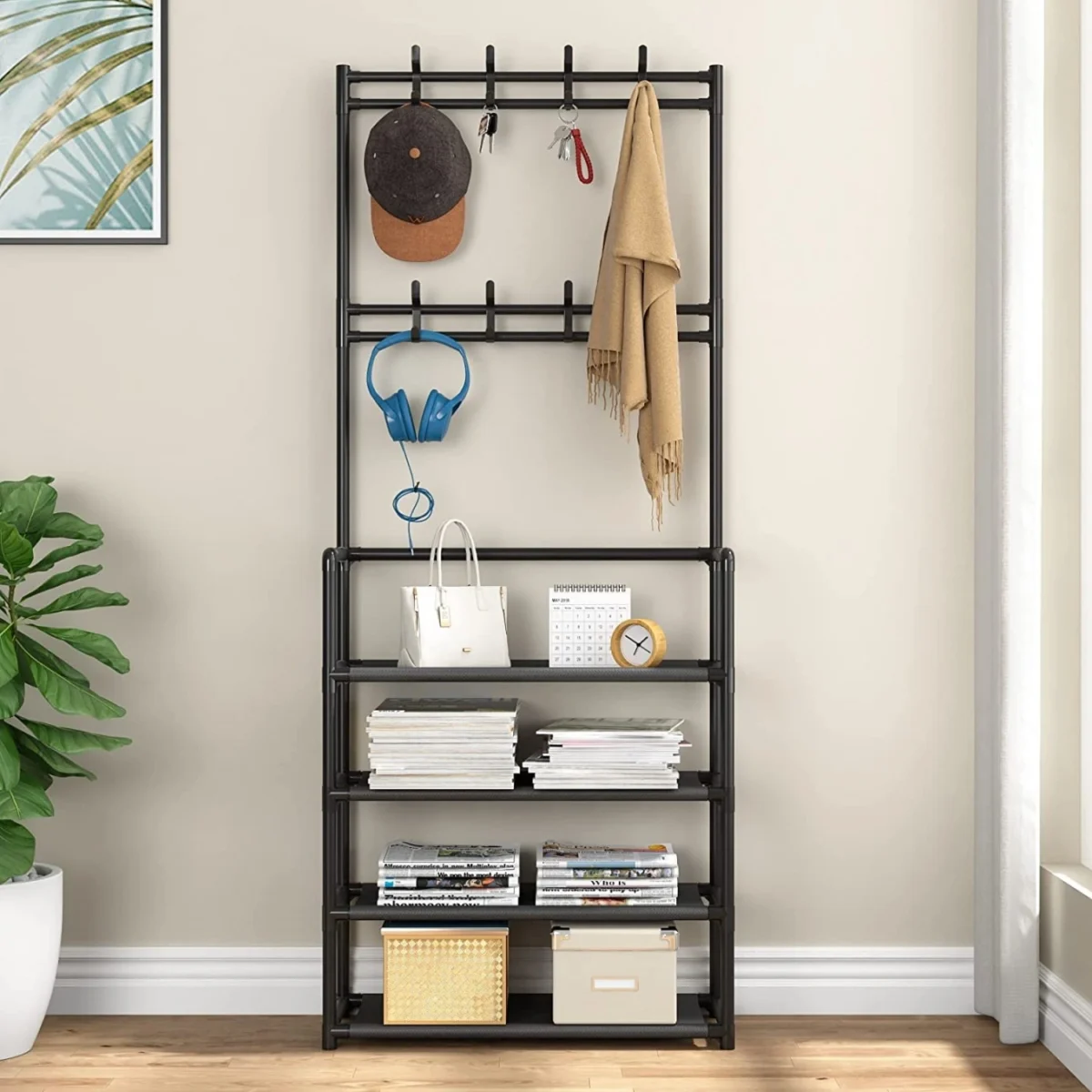 Μεταλλική Ραφιέρα Παπουτσοθήκη 154x29.5x60cm 4 Επιπέδων & Κρεμάστρα Εισόδου, Τουαλέτας Μπάνιου για Παλτά, Μπουφάν & Καπέλα Έπιπλο Εισόδου