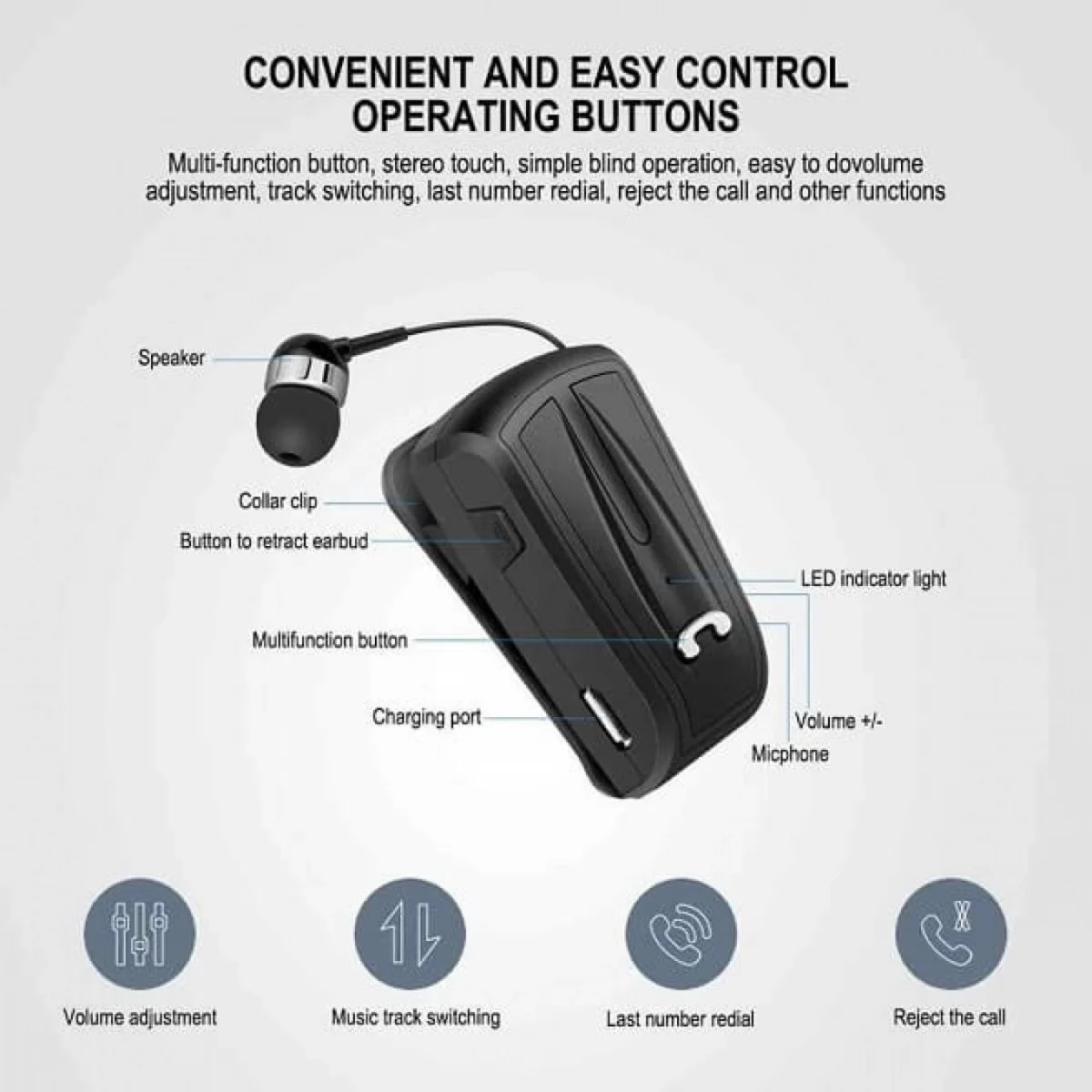 Ασύρματο Handsfree Bluetooth Ανασυρόμενο Ακουστικό Πέτου Fineblue Wireless In-Ear Headset