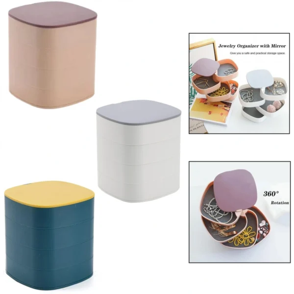 Πολυλειτουργική Κοσμηματοθήκη - Μπιζουτιέρα - Κουτί Αποθήκευσης 4 Επιπέδων Περιστρεφόμενη 360° με Καθρέπτη 12x11x11cm