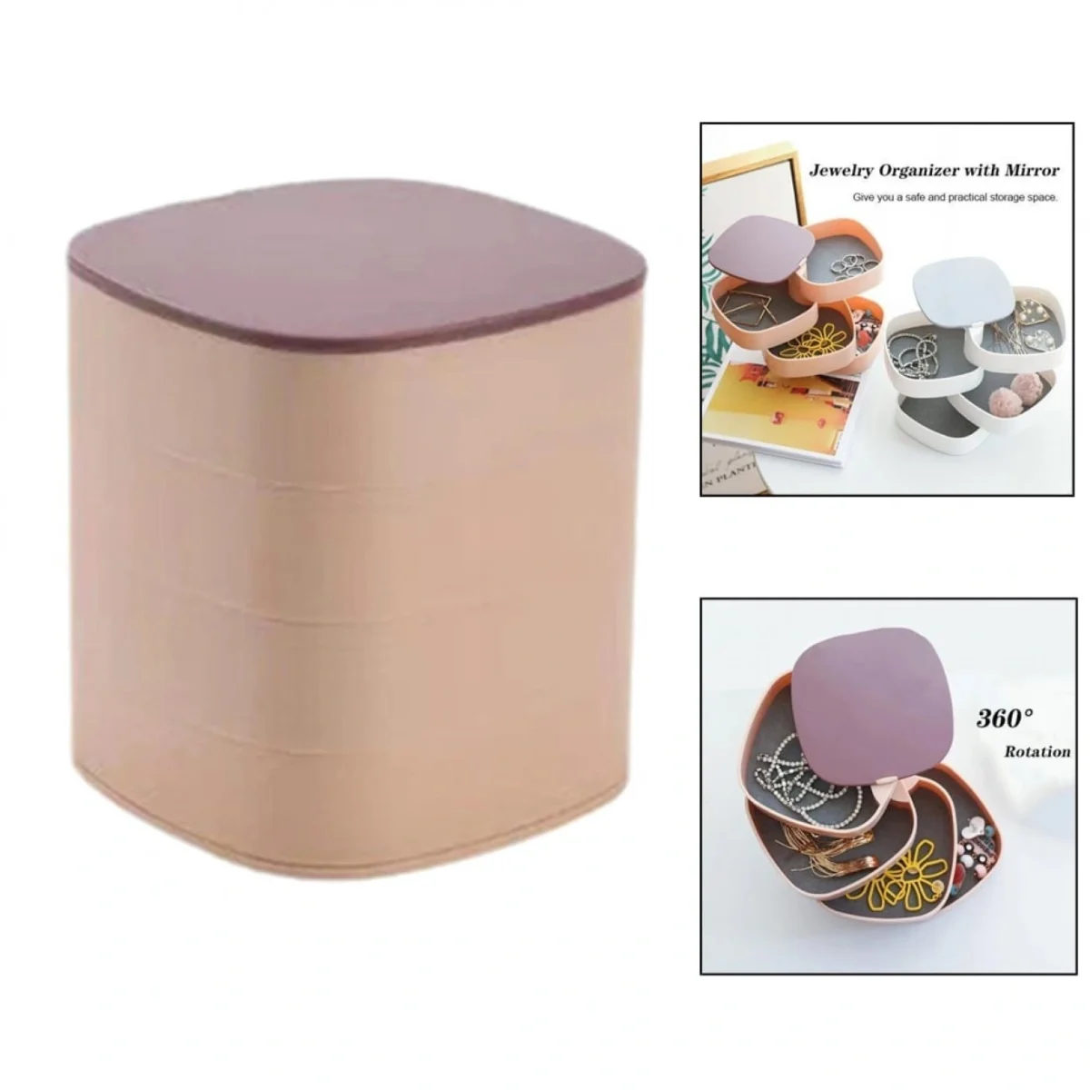 Πολυλειτουργική Κοσμηματοθήκη - Μπιζουτιέρα - Κουτί Αποθήκευσης 4 Επιπέδων Περιστρεφόμενη 360° με Καθρέπτη 12x11x11cm