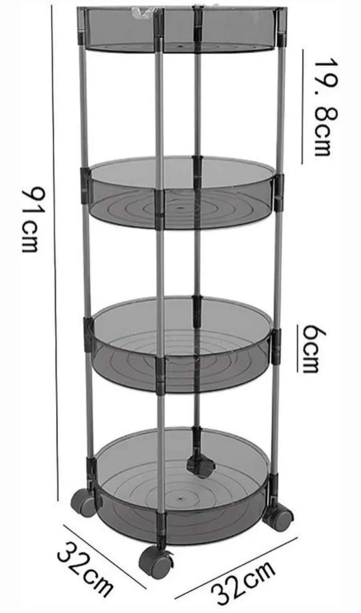 Ακρυλική Τροχήλατη - Ραφιέρα - Καρότσι - Βάση Οργάνωσης 4 Επιπέδων με Ροδάκια, Τρόλεϊ Οργάνωσης - Διακόσμησης 32x32x91εκ