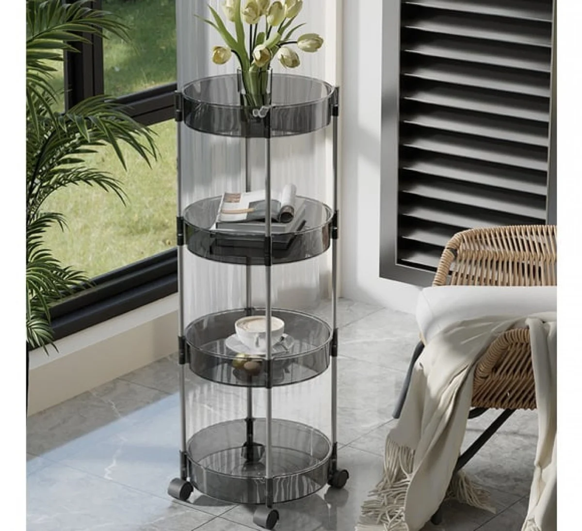 Ακρυλική Τροχήλατη - Ραφιέρα - Καρότσι - Βάση Οργάνωσης 4 Επιπέδων με Ροδάκια, Τρόλεϊ Οργάνωσης - Διακόσμησης 32x32x91εκ