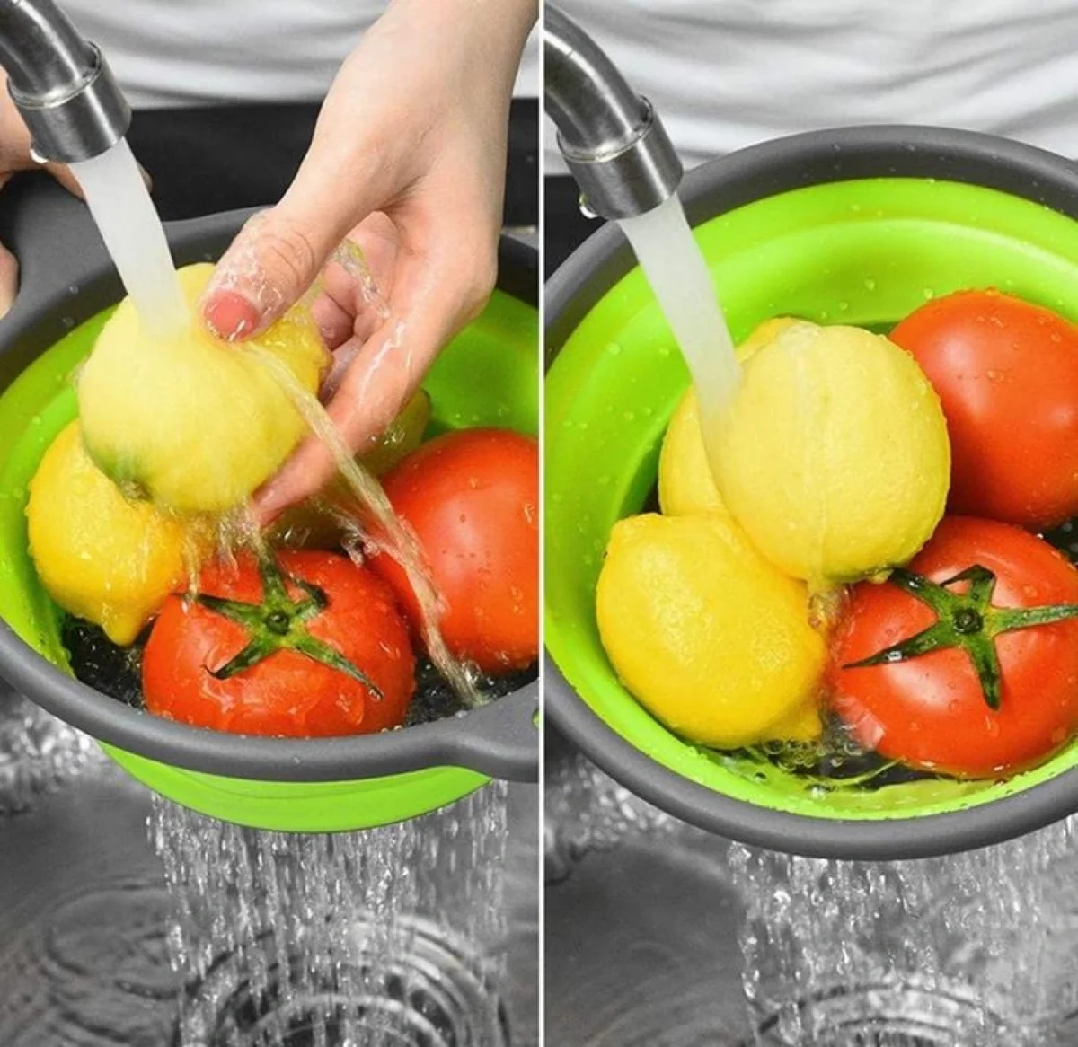 Στρογγυλό Πτυσσόμενο Σουρωτήρι Φρούτων και Λαχανικών Σιλικόνης με Μακριά Λαβή