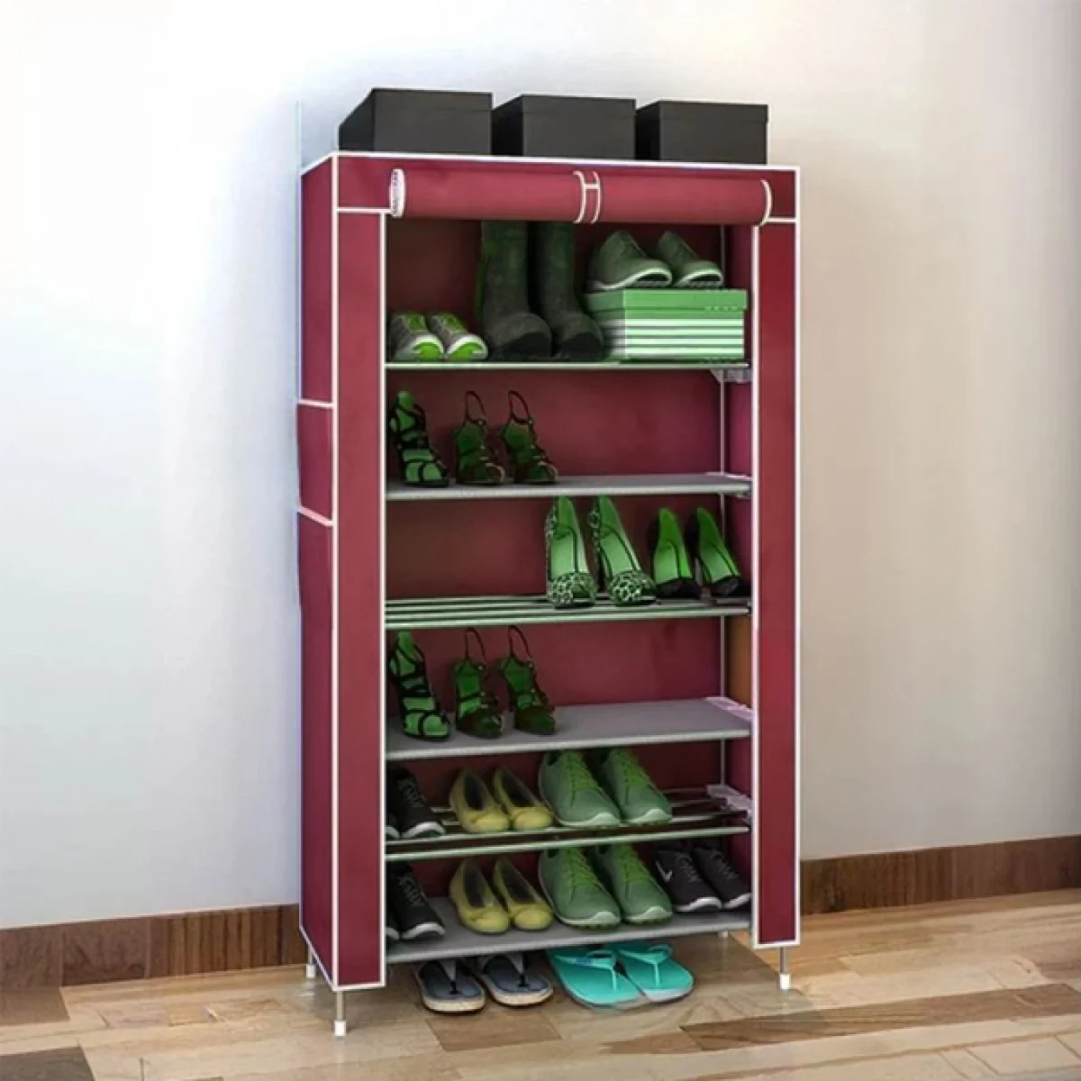 Υφασμάτινη Παπουτσοθήκη με 6 Ράφια και Μεταλλικό Σκελετό 54x25x106cm