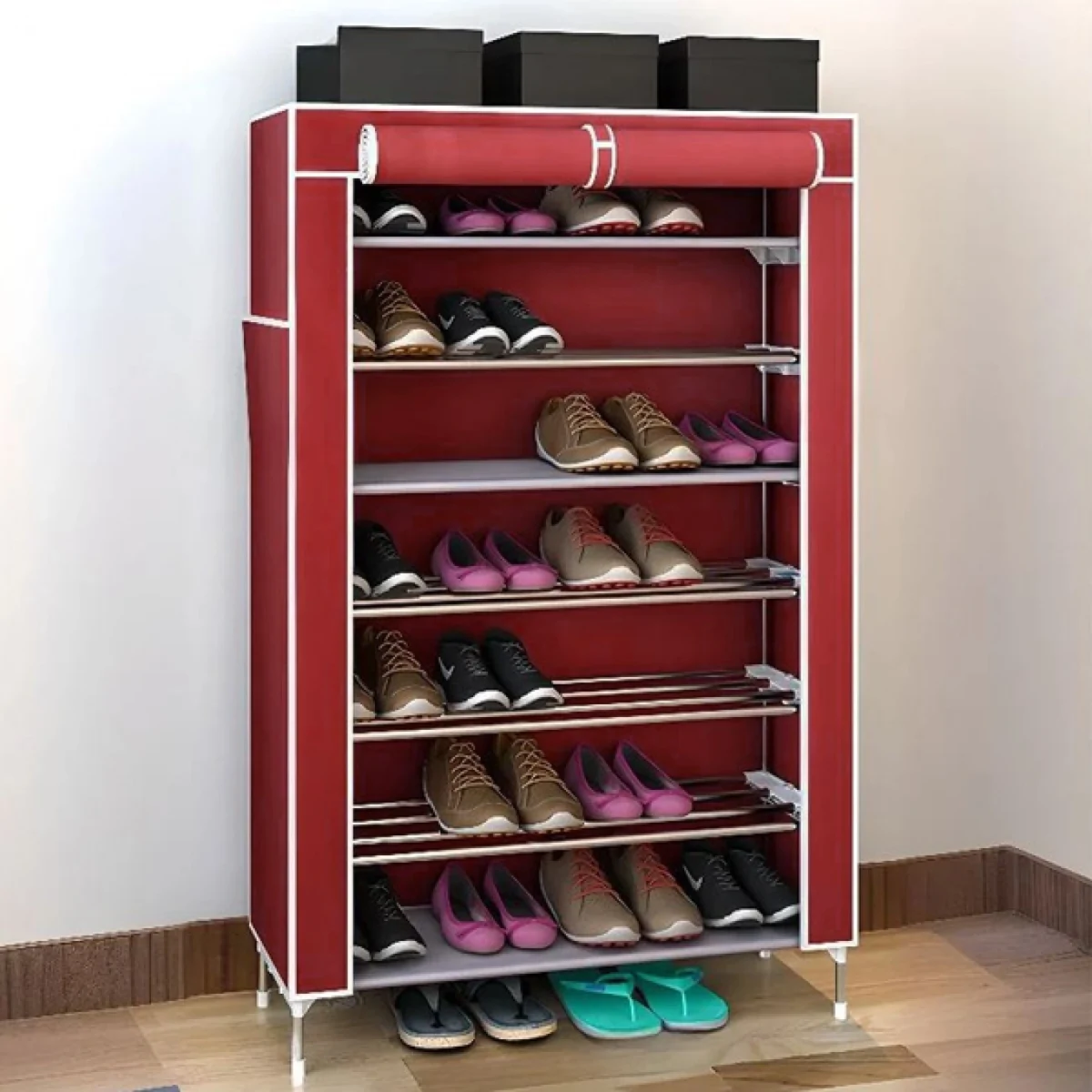 Υφασμάτινη Παπουτσοθήκη με 7 Ράφια και Μεταλλικό Σκελετό 54x25x123cm
